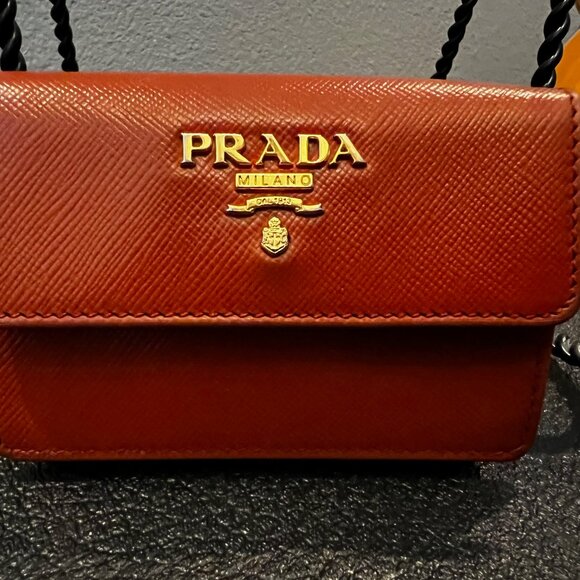 Prada Saffiano Leather Card Holder Wallet on Chain Brown Gold Logo Made in Italy - Picture 2 of 8